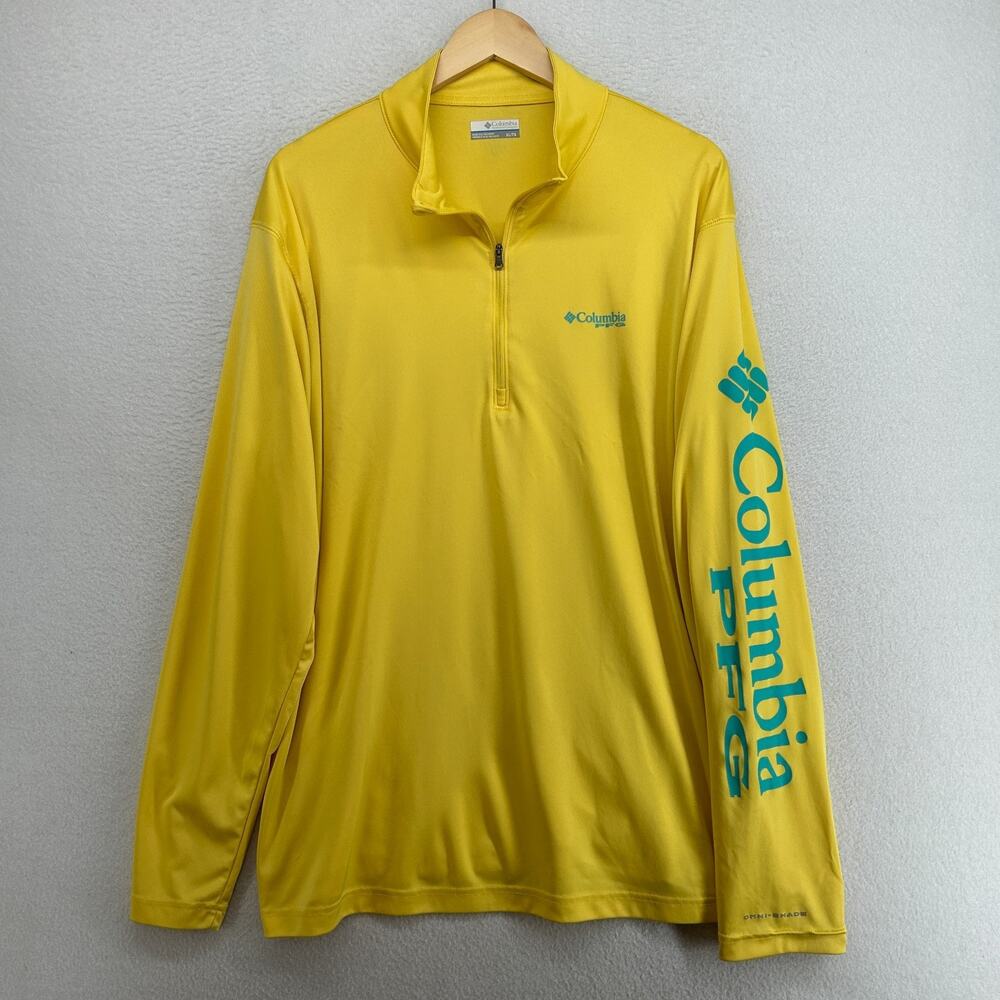COLUMBIA Shirt Mens XL PFG Deep Waves Omni Shade 1/4 Zip Performance Yellow